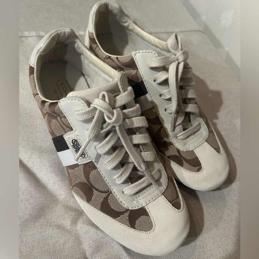 Coach Tan and Cream Lace-Up Sneakers